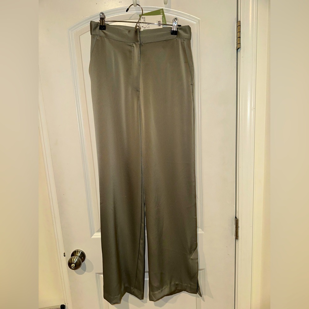 NWT H&M Satin Wide Leg Trousers Size 8 Sage Gray Taupe Green Sustainable Fabric